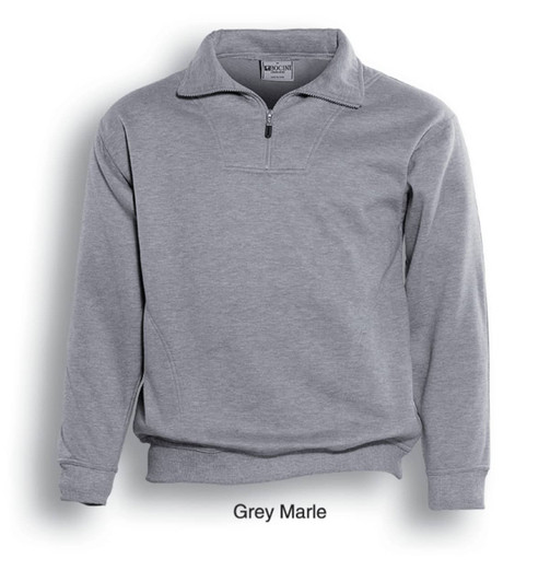 A grey marle unisex 1/2 zip fleece jumper with a pocket and a logo on the front.