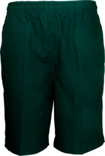 Boys' school shorts in dark green, featuring an elastic waistband and a simple design. Includes a logo.