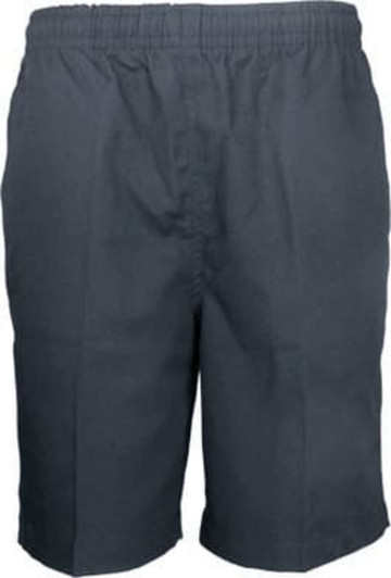 Boys' school shorts in dark grey with an elastic waistband. Features a logo on the front.