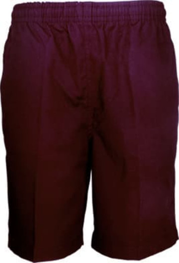 Boys school shorts in a rich burgundy colour with an elastic waistband and no visible logo.