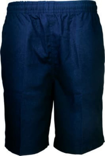 Navy blue boys' school shorts with an elastic waistband and a simple design. Features a logo on the waistband.