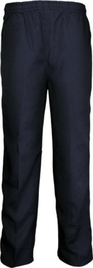 Navy blue kids' school trousers with an elastic waistband and a sleek, straight design. Features a logo.
