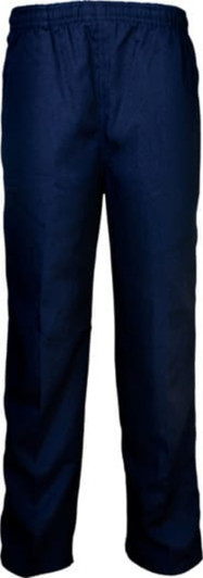 Navy blue kids' school trousers with an elastic waistband. The fabric appears smooth and durable.