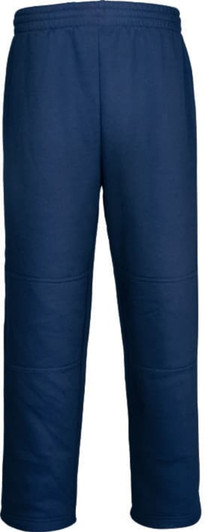 Navy blue track pants featuring double knee design, with an elastic waistband and a logo.