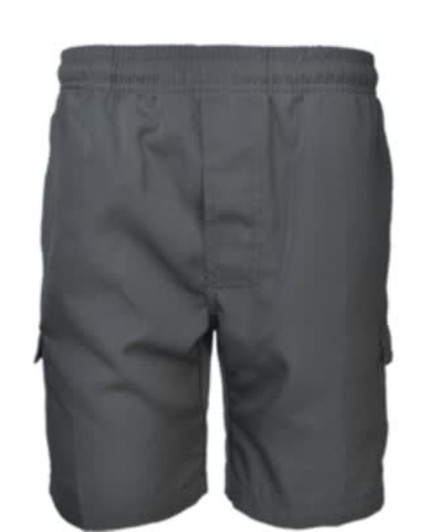 A pair of grey cargo shorts featuring side pockets and an elastic waistband, with a branded logo.