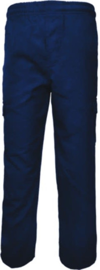 Navy blue kids' cargo pants with side pockets and an elastic waistband. The pants have a logo on them.