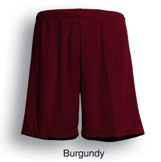 Burgundy unisex football shorts with an elastic waistband and a simple design, featuring a logo on one side.