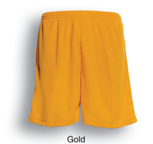 Gold unisex adults football shorts with an elastic waistband and loose fit, featuring a logo.