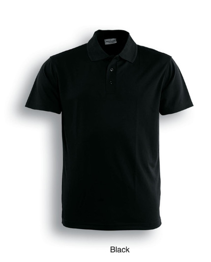 A black men's basic polo shirt with a collar and three buttons, featuring a logo on the chest.