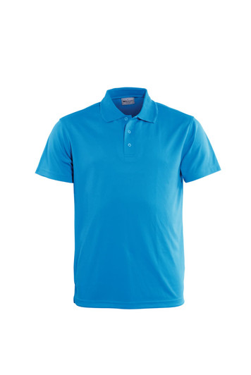 A bright blue men's basic polo shirt, featuring a collar and three buttons, with a logo on the chest.