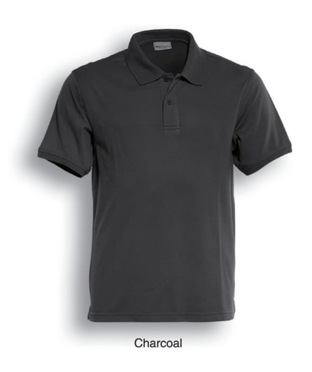 A charcoal grey men's classic polo shirt with a collar and short sleeves, featuring a logo.