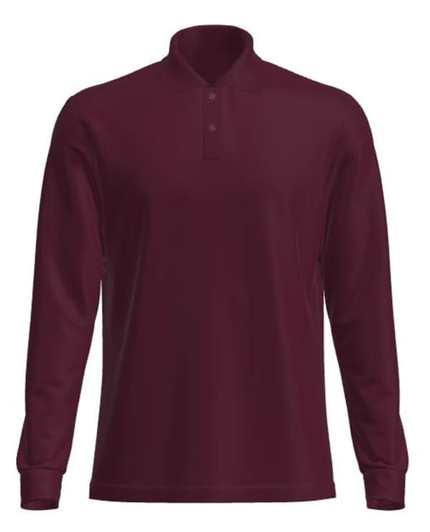 A long sleeve polo shirt in burgundy with a collar and a logo.