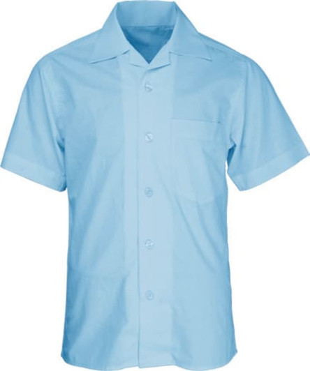 A light blue short sleeve school shirt with a single chest pocket and a logo.