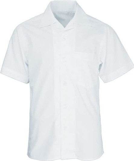A white short sleeve school shirt featuring a pocket and a collar, with a button-up front and a small logo.