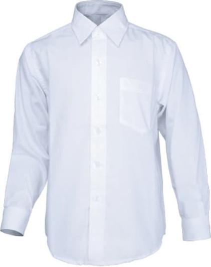 A white long sleeve button-up school shirt featuring a single chest pocket and a collared neckline.