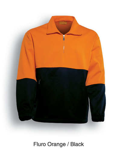 A unisex hi-vis fleece jumper in fluro orange and black with a half zip and elastic cuffs. Features a logo.