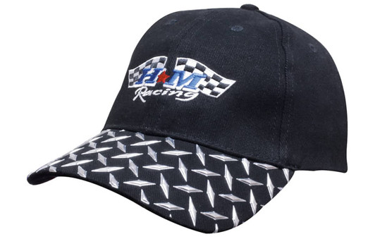 A black cap with a checker plate design on the peak and a logo on the front.