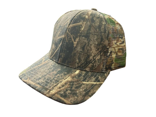 A camouflage cap featuring a True Timber pattern and a mesh back in earthy tones of green and brown.
