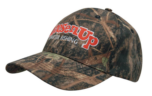 A camouflage six-panel cap in shades of green and brown, featuring a logo on the front.