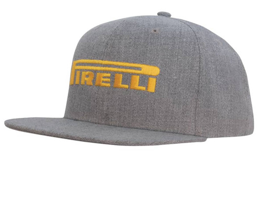 A grey flat peak cap with a yellow logo. The cap features a structured design and a stiff brim.