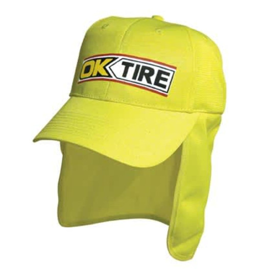 A yellow cap with a flap at the back and a logo on the front. The design features a bright, safety-oriented style.