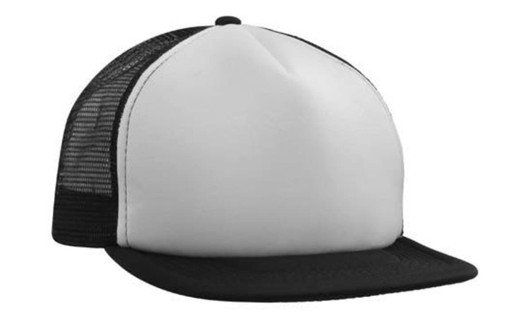 A black and white trucker mesh cap with a flat peak and a rear mesh panel, featuring a logo.