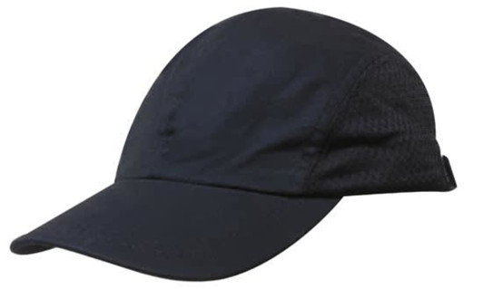 A navy cap with a curved brim and mesh panels, featuring a logo on the side.