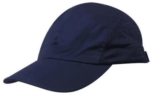 A navy blue cap featuring a curved brim and mesh detailing. It has a logo on the side.