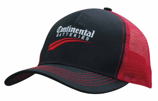 A black and red cap with a mesh back and a logo on the front.