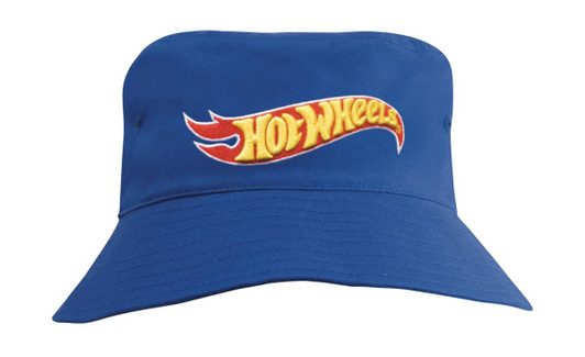 A blue youth bucket hat featuring a logo on the front. The hat has a wide brim for sun protection.