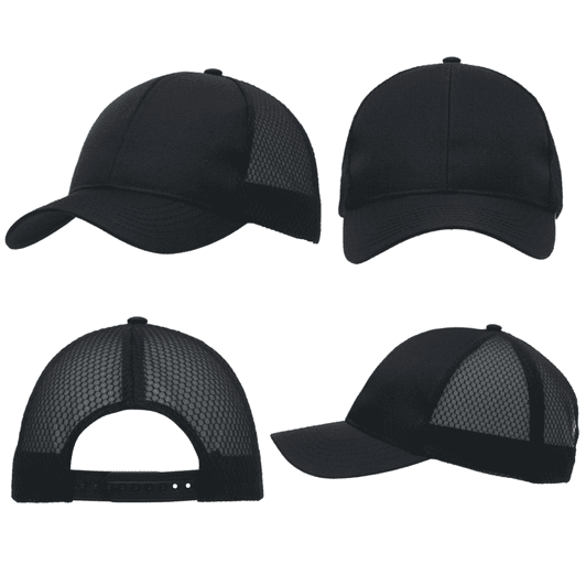 A black cap featuring breathable poly twill and honeycomb mesh, showcasing various angles of the design.