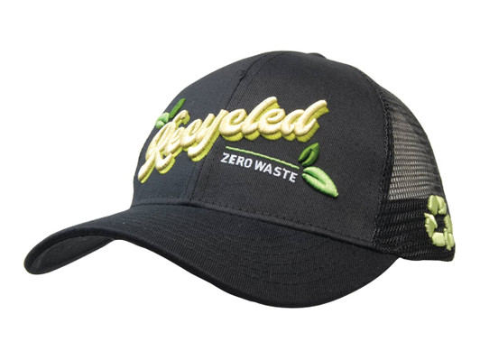 A black cap with a breathable mesh back featuring green embroidered elements and a logo.