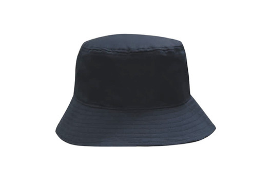 A dark blue bucket hat made from recycled breathable poly twill, featuring a simple, unembellished design.
