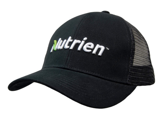 A black organic brushed heavy cotton cap with a mesh back and a logo on the front.