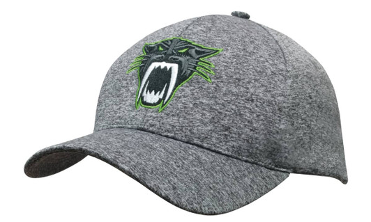 A grey sports cap featuring an embroidered panther logo in green and black.