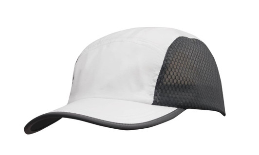 A white cap with a grey mesh side and a curved brim, featuring a logo on the front.