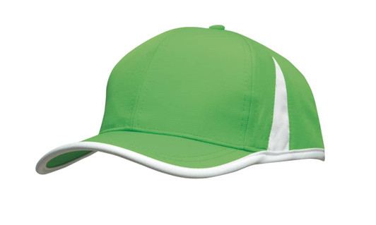 A green cap with a white trim and a sporty design, featuring a logo on the front.
