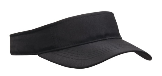 A black sports visor with a wide brim and an adjustable strap, featuring a logo on the side.