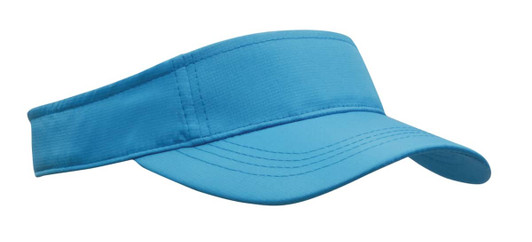 A blue sports visor with a wide brim and an adjustable band, featuring a logo on the side.