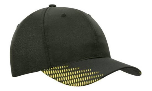 A black cap featuring a yellow peak with a flash print design and a branding logo.