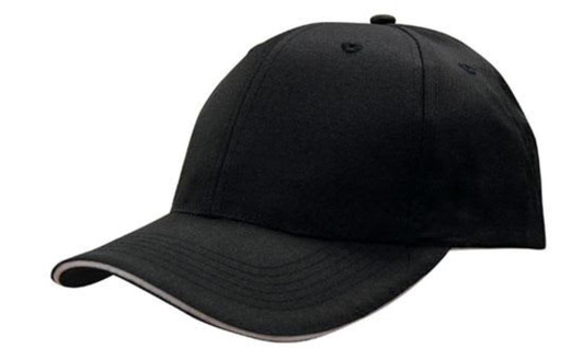 A black cap featuring a sandwich trim, made of breathable poly twill, with a curved brim and a logo.