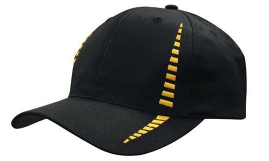 A black cap featuring yellow check pattern detailing and a curved brim. It includes a logo on the side.