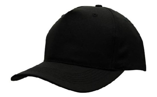 A black breathable poly twill cap with a curved brim and a structured design, featuring a logo.