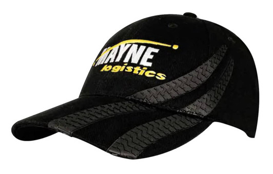 A black cap featuring tyre track designs and a logo on the front.
