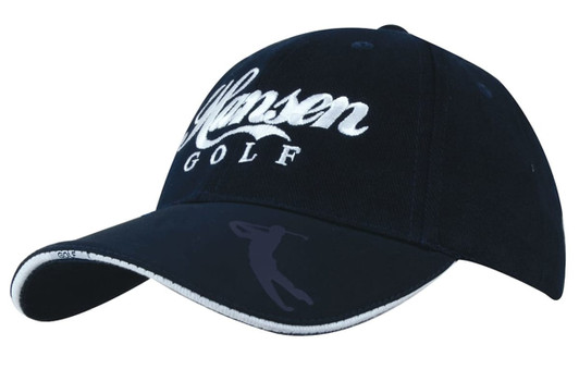 A navy blue cap with a white embroidered logo and an embossed peak featuring a logo.
