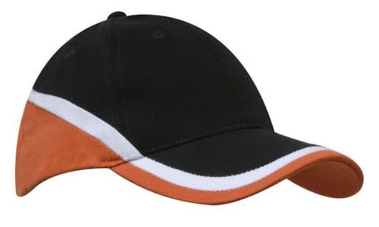 A tri-coloured cap featuring black, orange, and white shades with a logo on the front.