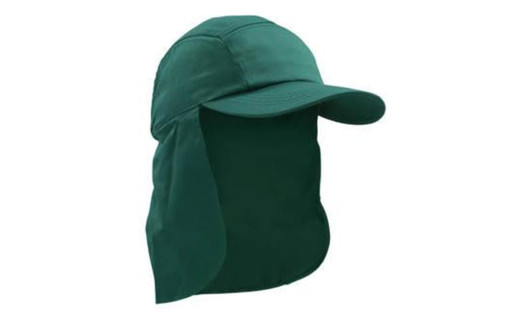 A green poly cotton legionnaire hat with a wide brim and neck flap, featuring a logo on the front.