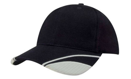 A black cap featuring a brushed heavy cotton design with mesh inserts on the peak and a logo.