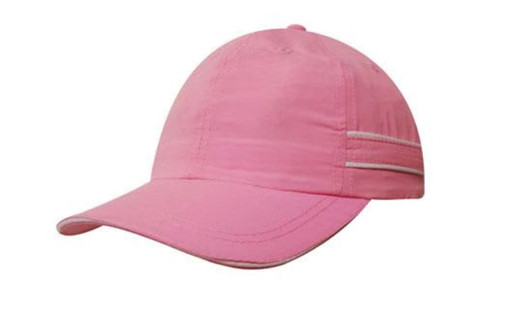 A pink microfibre sports cap featuring piping and a sandwich peak, with a small logo on the side.