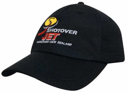 A black cap featuring a logo and text in red and yellow embroidery. The cap has a mesh design.